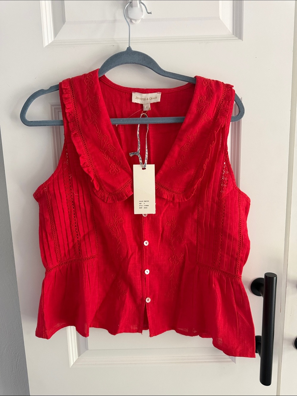 Bright Red Sleeveless Button-Front Peplum Blouse